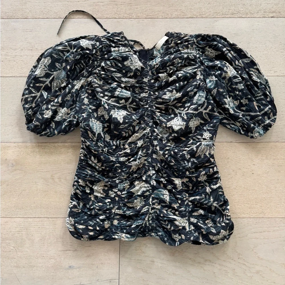 Ulla Johnson Naya Puff sleeve top back zip blouse 6 rain forest
